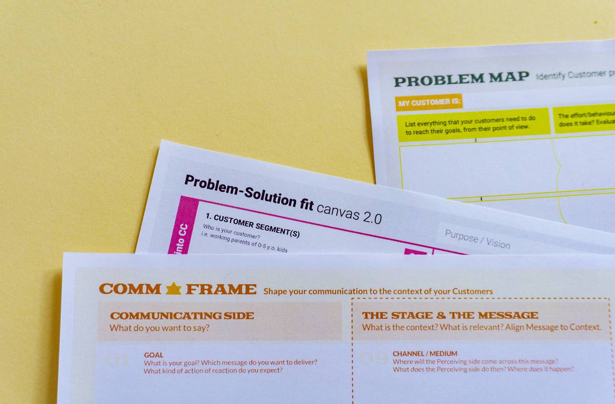 Design thinking, innovation tools & templates (Comm Frame, Problem map & Problem-Solution fit canvas 2.0) by Amaltama.com